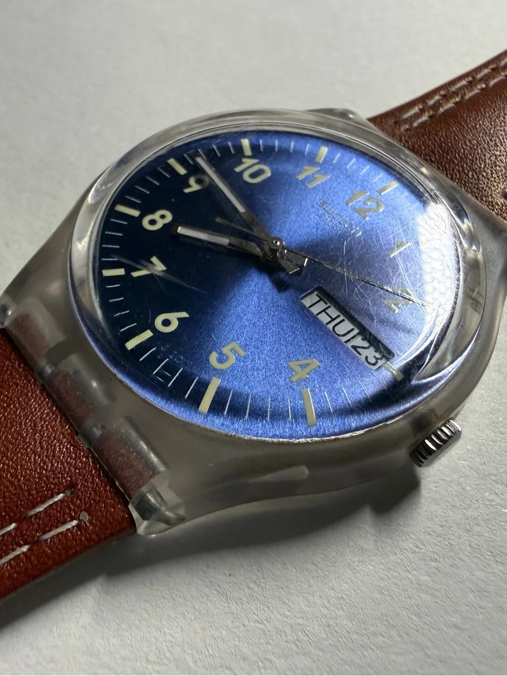 Swatch Blue Face with Brown Strap